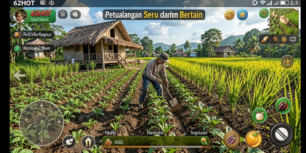 Screenshot gameplay 62HOT menunjukkan petualangan menarik di ladang.