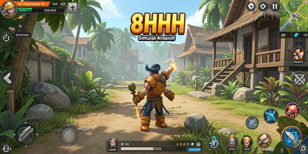 Screenshot utama 8HHH menampilkan gameplay simulation yang dinamis.