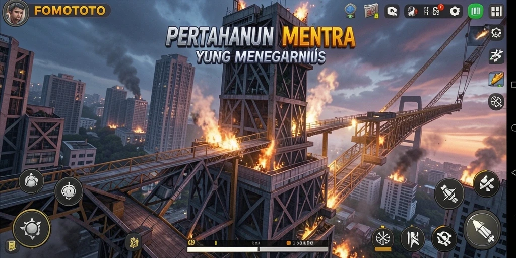 Screenshot gameplay FOMOTOTO menampilkan strategi menara yang dinamis.