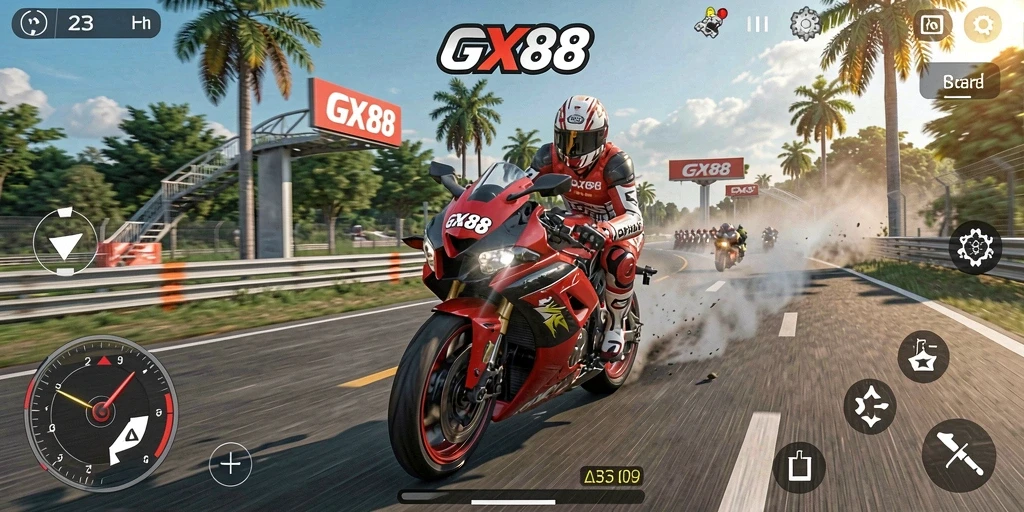 Screenshot GX88 menampilkan aksi balap motor yang mendebarkan.
