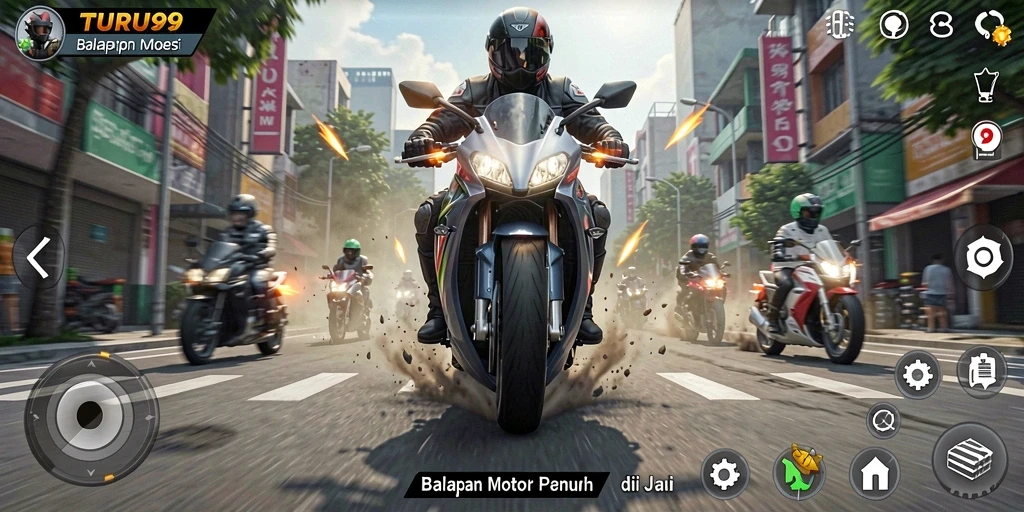Tangkapan layar TURU99 menampilkan balapan motor seru di trek kota.